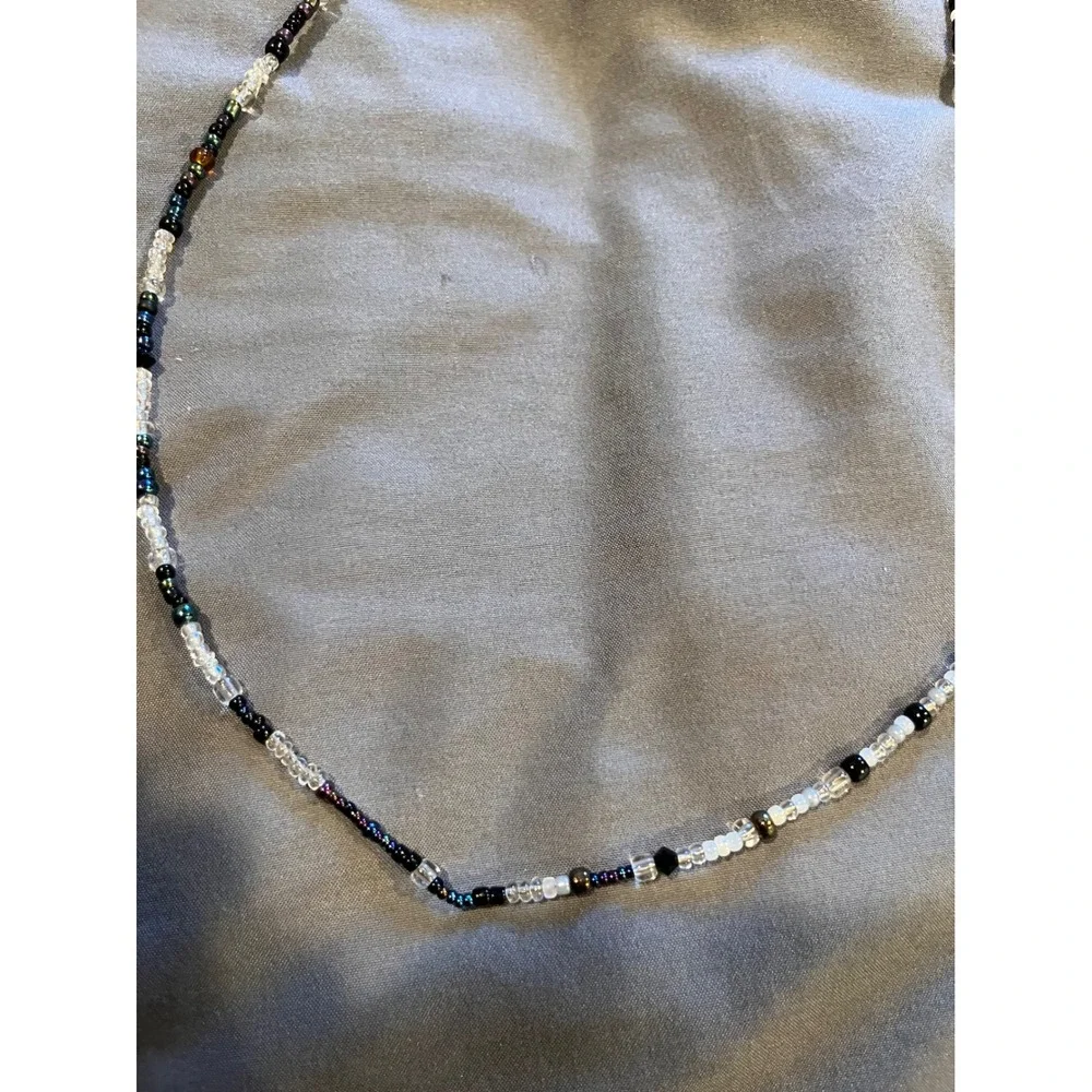 Handmade Beaded Eyewear Chain Black Clear Iridescent Glass Seed Bead Lanyard